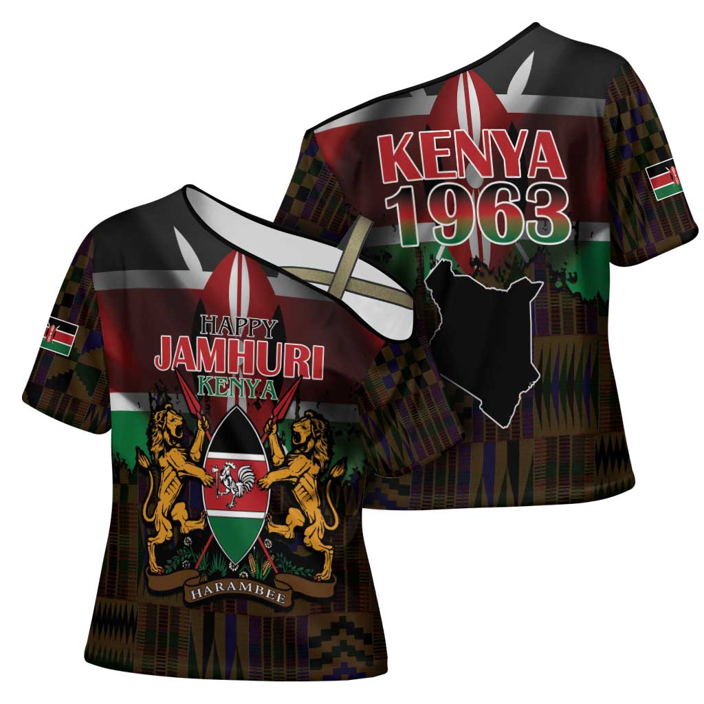 Happy Kenya Independence Day Cross Shoulder Shirt Coat Of Arms With Kente Pattern - Wonder Print Shop