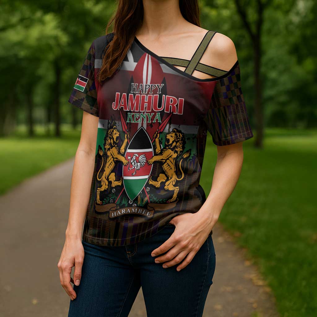 Happy Kenya Independence Day Cross Shoulder Shirt Coat Of Arms With Kente Pattern - Wonder Print Shop