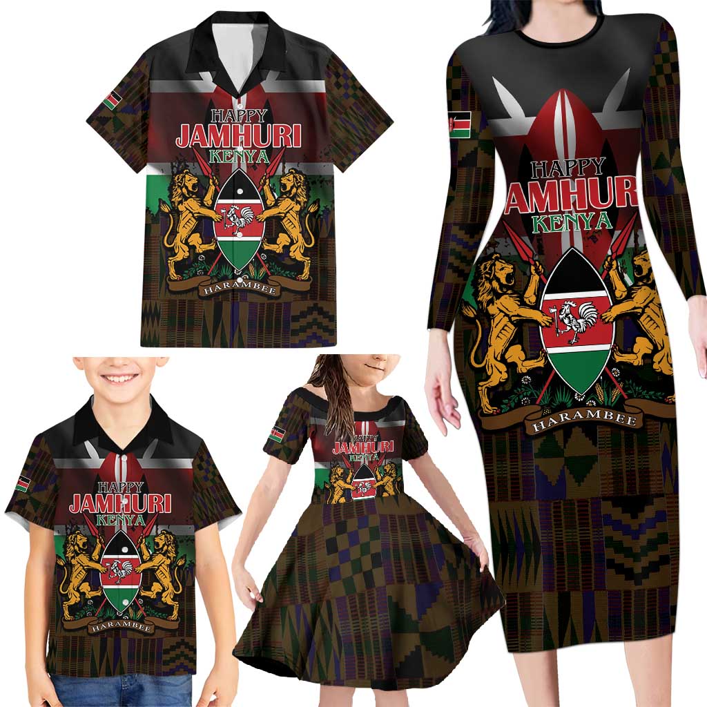 Happy Kenya Independence Day Family Matching Long Sleeve Bodycon Dress and Hawaiian Shirt Coat Of Arms With Kente Pattern - Wonder Print Shop