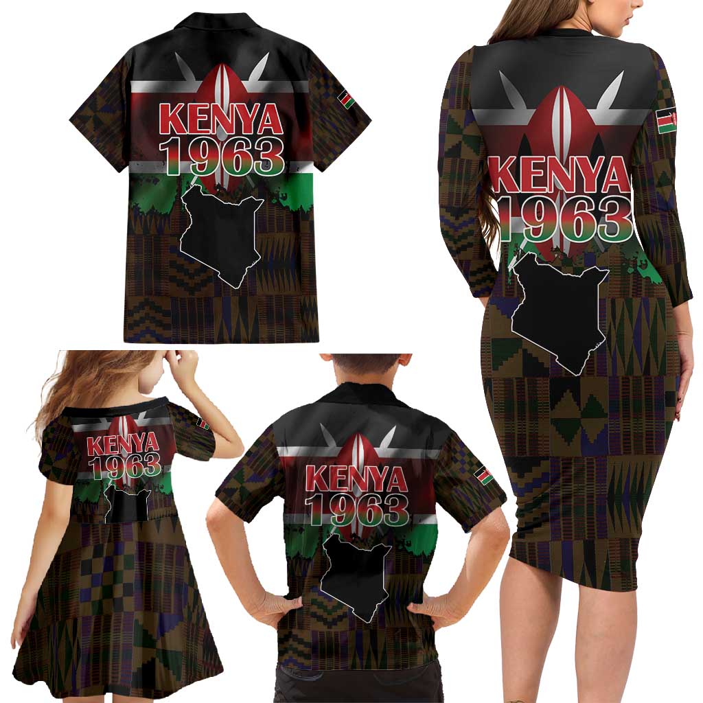 Happy Kenya Independence Day Family Matching Long Sleeve Bodycon Dress and Hawaiian Shirt Coat Of Arms With Kente Pattern - Wonder Print Shop