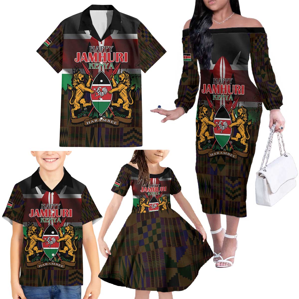Happy Kenya Independence Day Family Matching Off The Shoulder Long Sleeve Dress and Hawaiian Shirt Coat Of Arms With Kente Pattern - Wonder Print Shop
