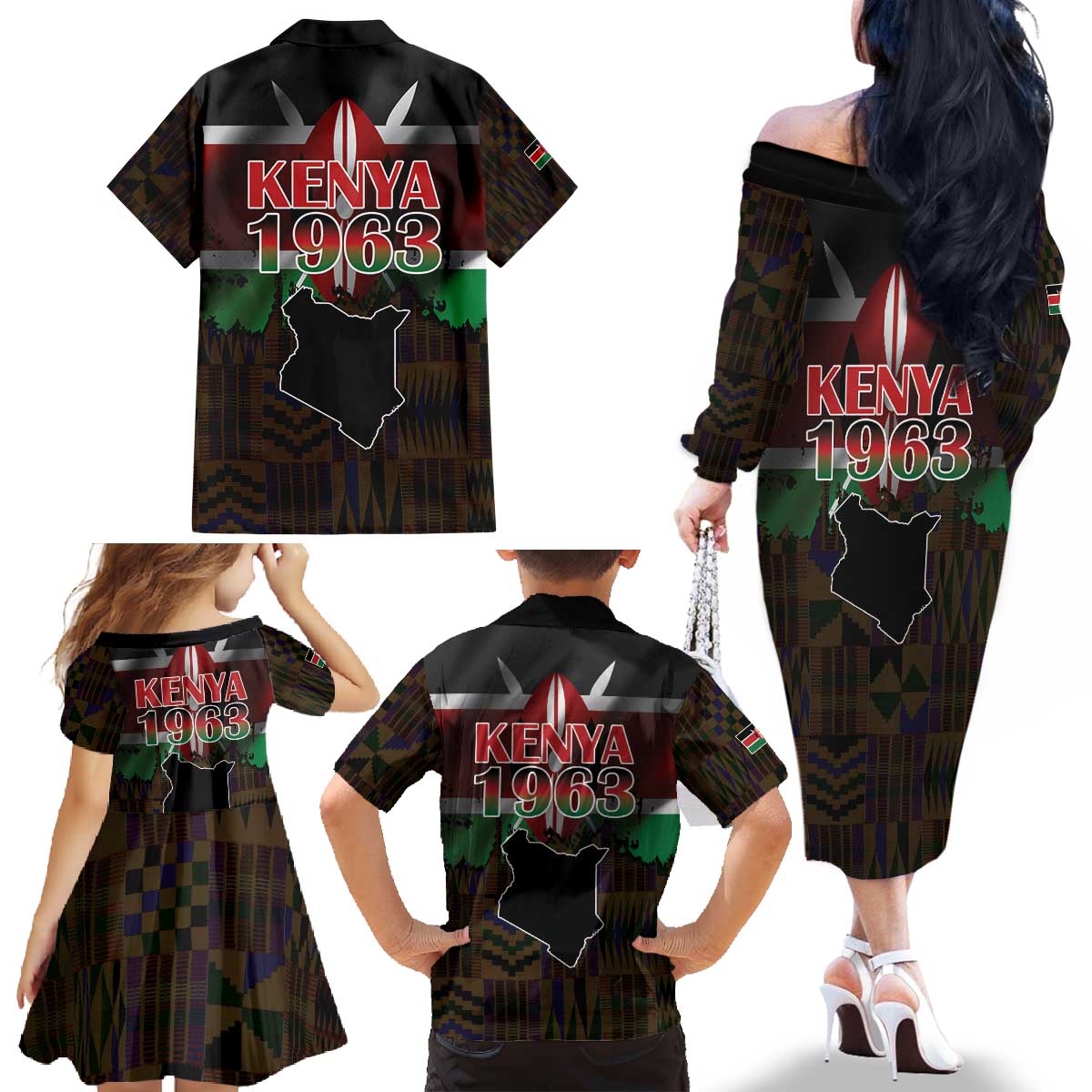Happy Kenya Independence Day Family Matching Off The Shoulder Long Sleeve Dress and Hawaiian Shirt Coat Of Arms With Kente Pattern - Wonder Print Shop