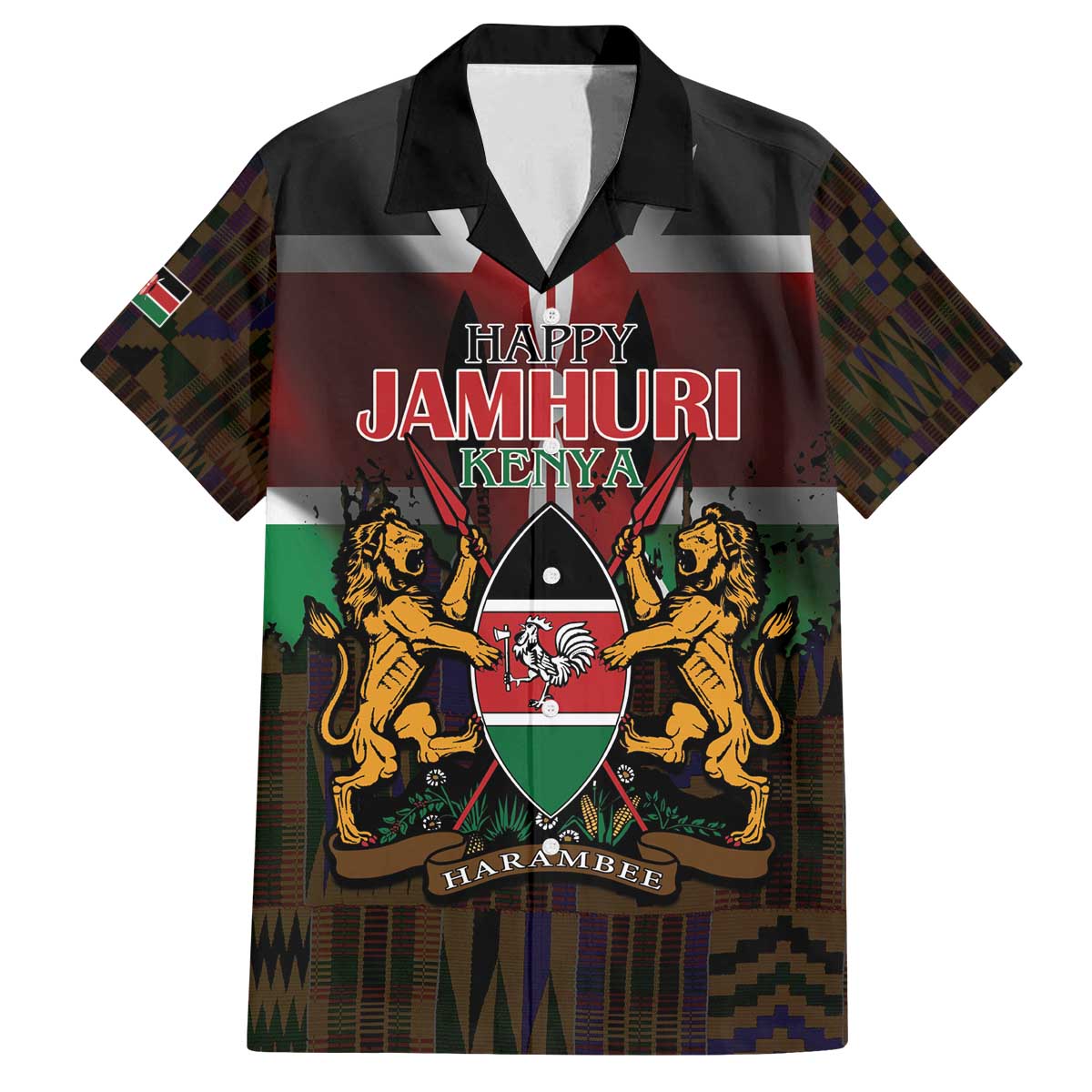 Happy Kenya Independence Day Family Matching Off The Shoulder Long Sleeve Dress and Hawaiian Shirt Coat Of Arms With Kente Pattern - Wonder Print Shop
