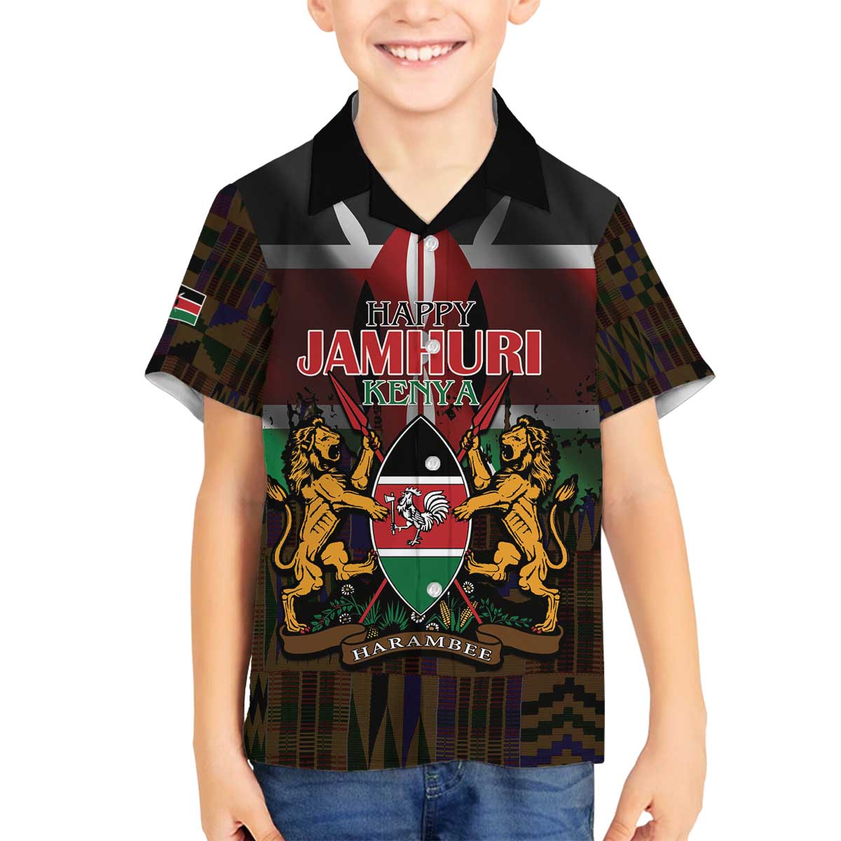 Happy Kenya Independence Day Family Matching Off The Shoulder Long Sleeve Dress and Hawaiian Shirt Coat Of Arms With Kente Pattern - Wonder Print Shop