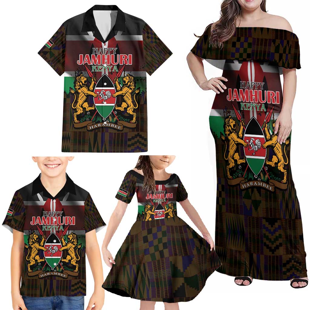 Happy Kenya Independence Day Family Matching Off Shoulder Maxi Dress and Hawaiian Shirt Coat Of Arms With Kente Pattern - Wonder Print Shop