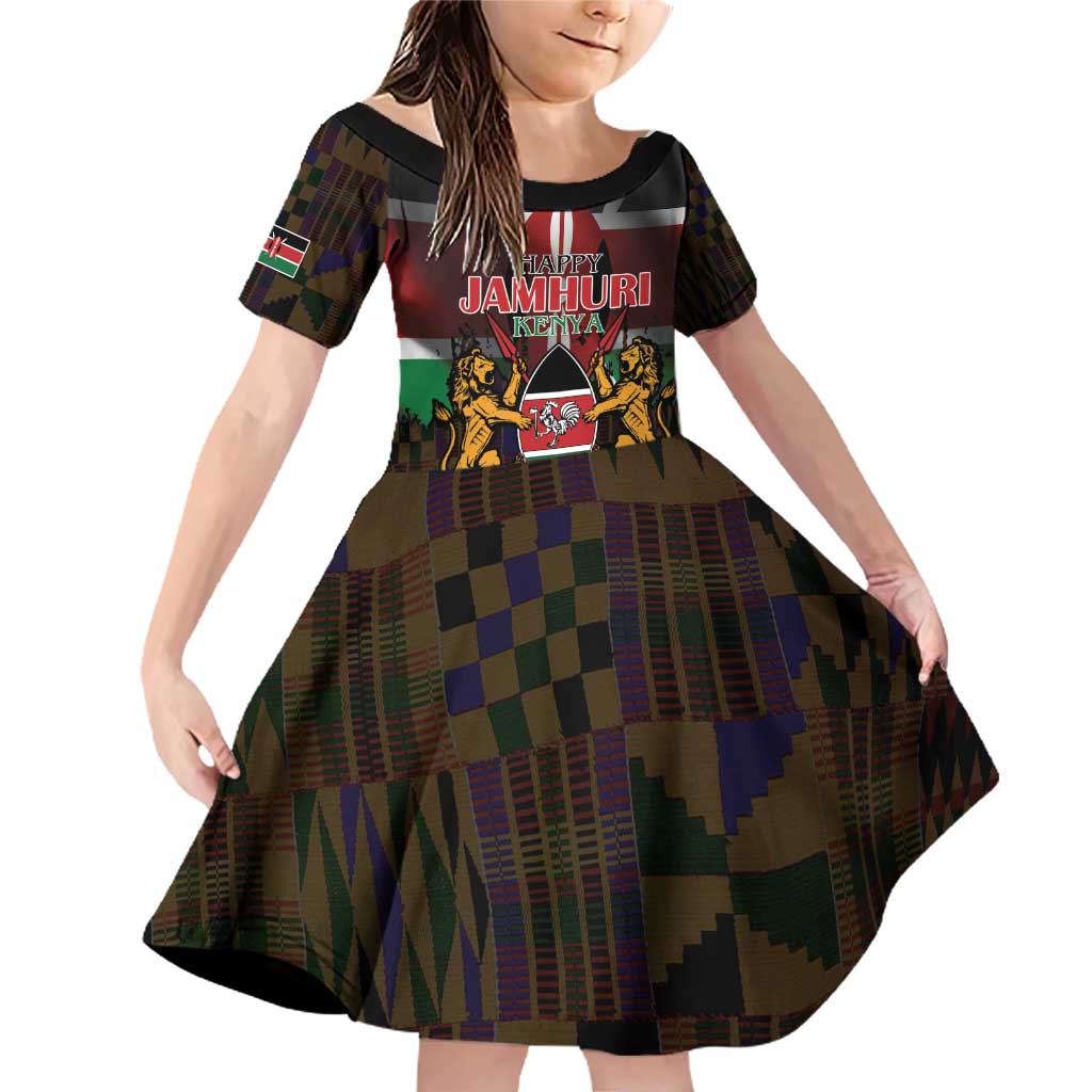 Happy Kenya Independence Day Family Matching Off Shoulder Short Dress and Hawaiian Shirt Coat Of Arms With Kente Pattern - Wonder Print Shop