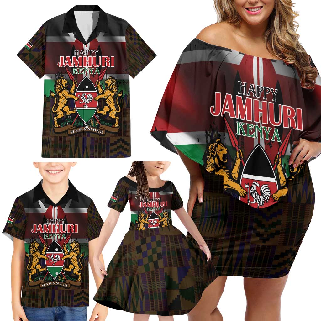 Happy Kenya Independence Day Family Matching Off Shoulder Short Dress and Hawaiian Shirt Coat Of Arms With Kente Pattern - Wonder Print Shop