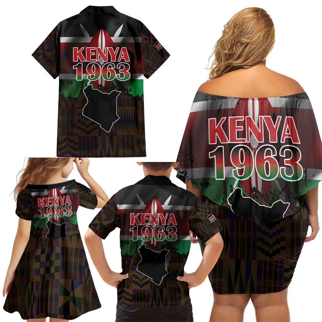 Happy Kenya Independence Day Family Matching Off Shoulder Short Dress and Hawaiian Shirt Coat Of Arms With Kente Pattern - Wonder Print Shop