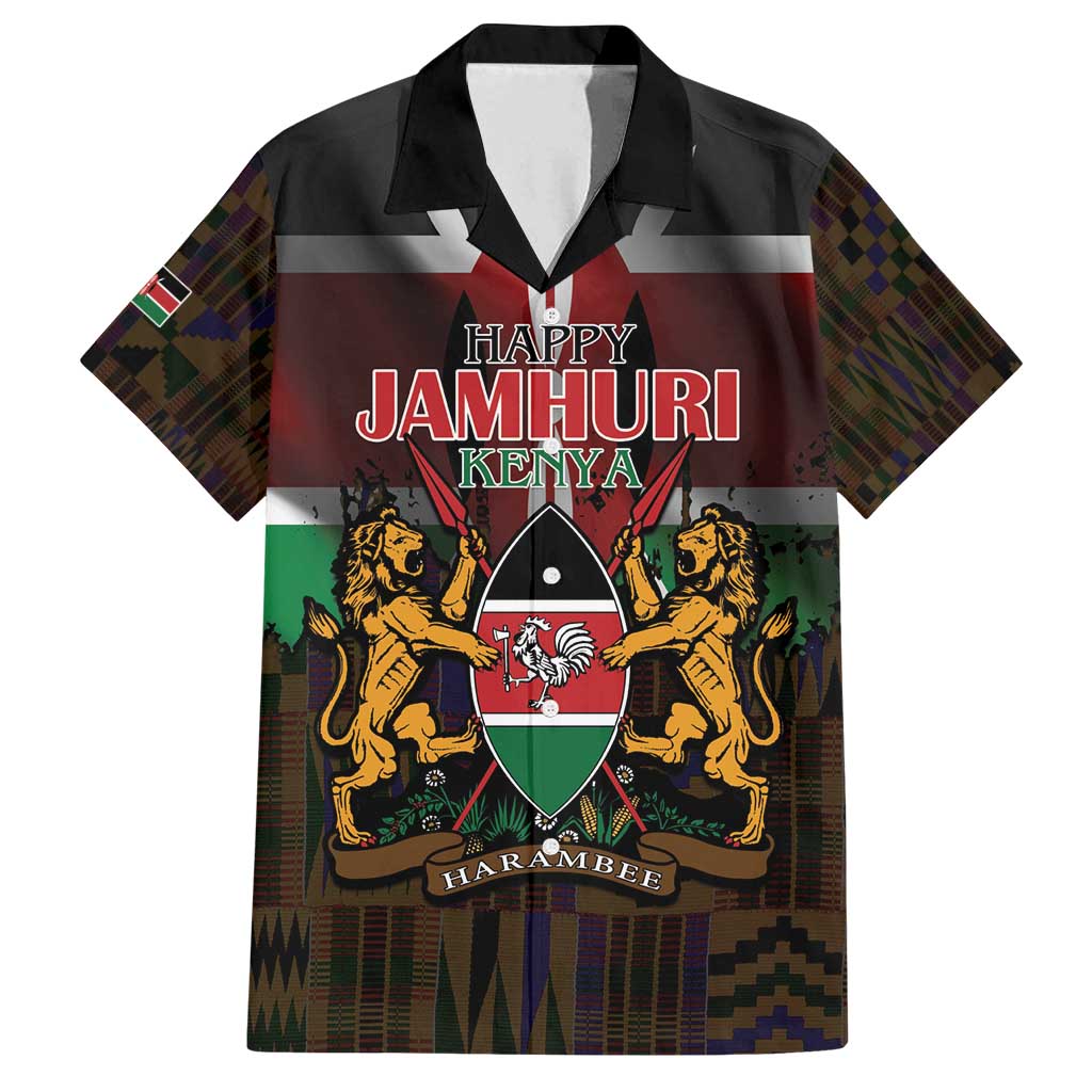 Happy Kenya Independence Day Family Matching Off Shoulder Short Dress and Hawaiian Shirt Coat Of Arms With Kente Pattern - Wonder Print Shop