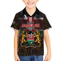 Happy Kenya Independence Day Family Matching Off Shoulder Short Dress and Hawaiian Shirt Coat Of Arms With Kente Pattern - Wonder Print Shop