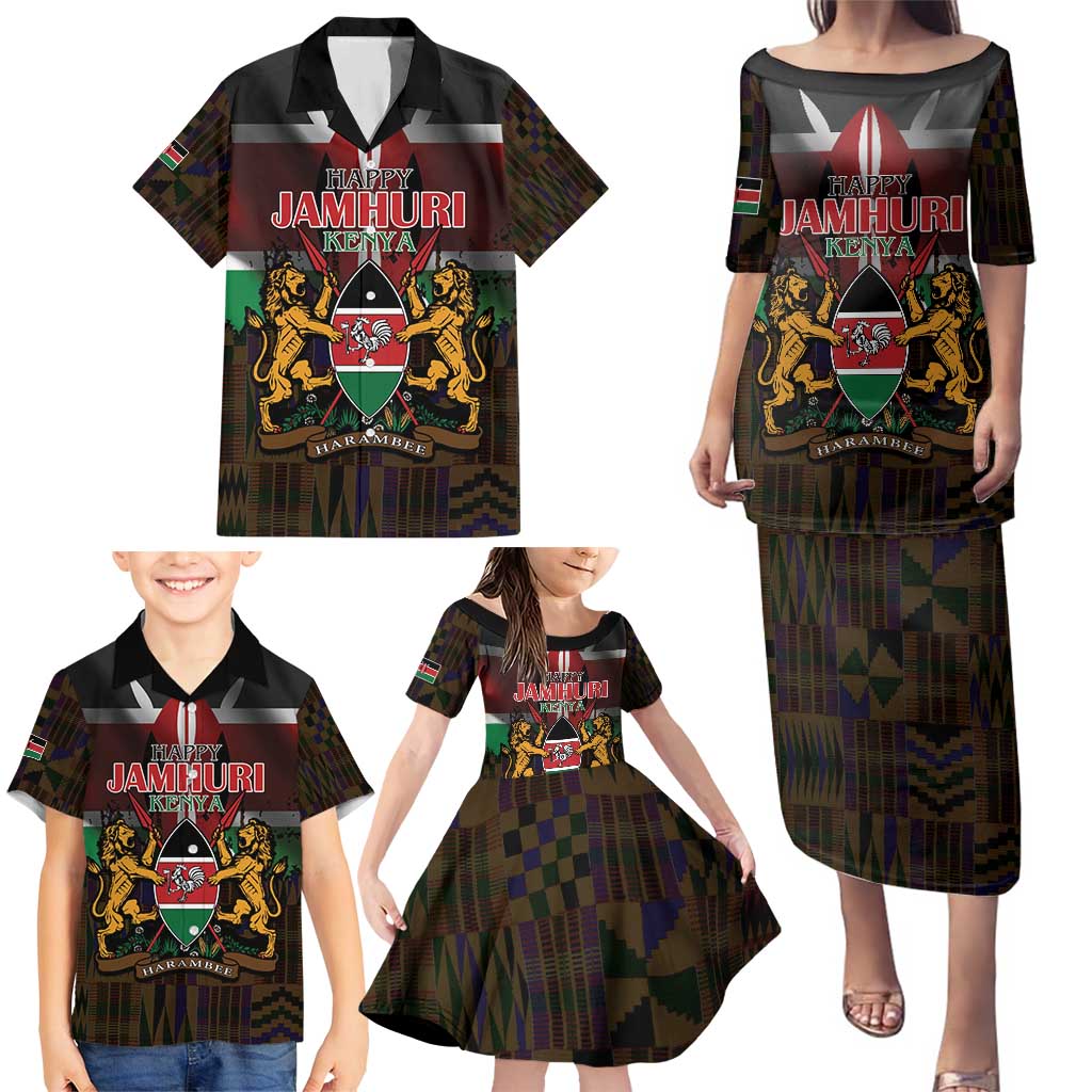 Happy Kenya Independence Day Family Matching Puletasi and Hawaiian Shirt Coat Of Arms With Kente Pattern - Wonder Print Shop