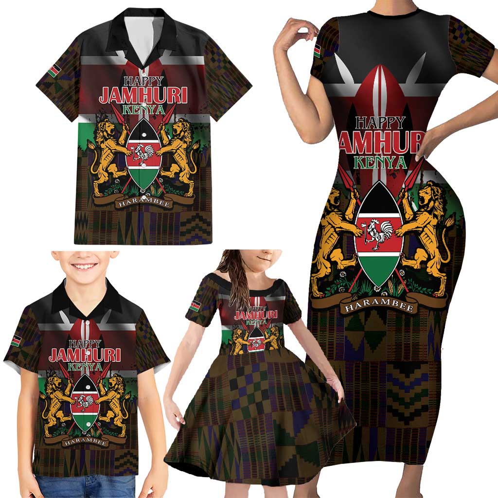 Happy Kenya Independence Day Family Matching Short Sleeve Bodycon Dress and Hawaiian Shirt Coat Of Arms With Kente Pattern - Wonder Print Shop