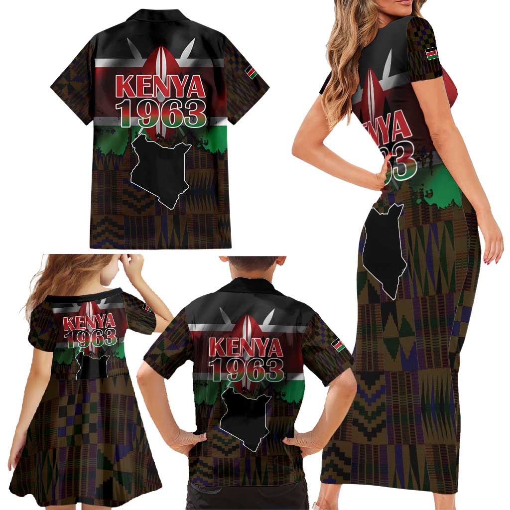 Happy Kenya Independence Day Family Matching Short Sleeve Bodycon Dress and Hawaiian Shirt Coat Of Arms With Kente Pattern - Wonder Print Shop