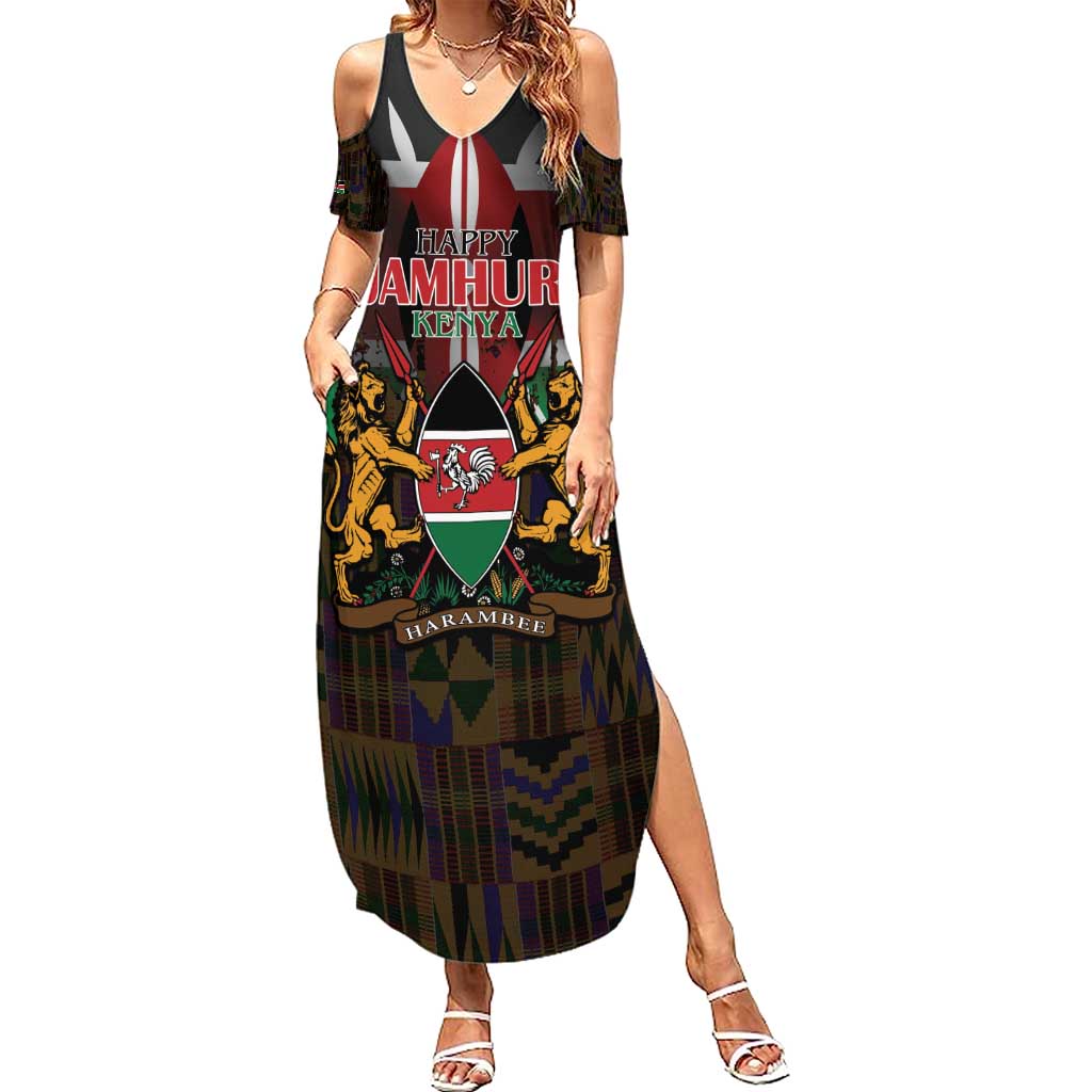 Happy Kenya Independence Day Family Matching Summer Maxi Dress and Hawaiian Shirt Coat Of Arms With Kente Pattern - Wonder Print Shop