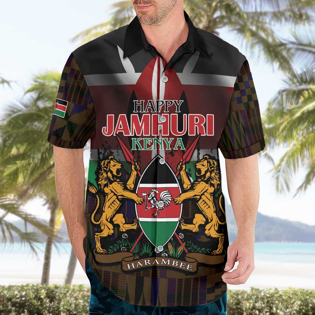 Happy Kenya Independence Day Hawaiian Shirt Coat Of Arms With Kente Pattern - Wonder Print Shop