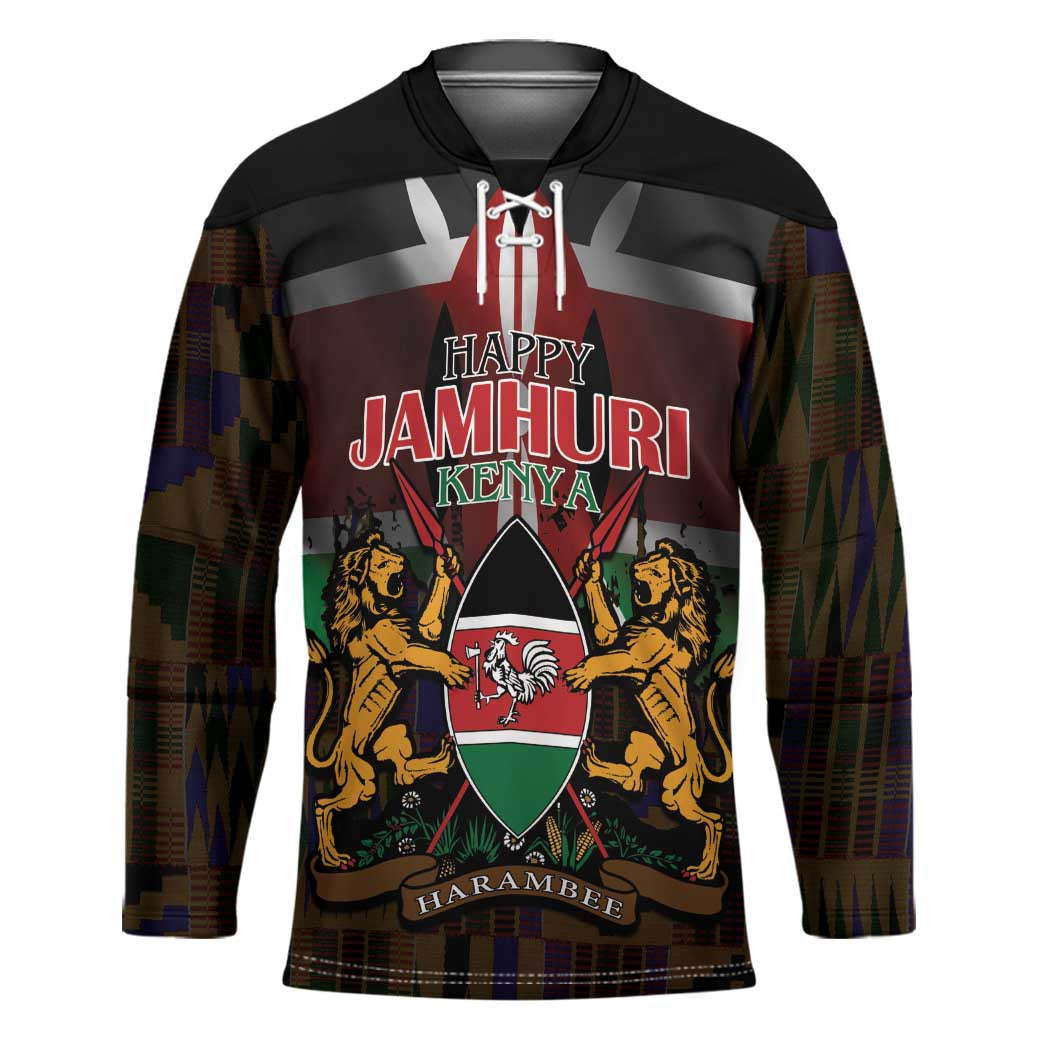 Happy Kenya Independence Day Hockey Jersey Coat Of Arms With Kente Pattern - Wonder Print Shop