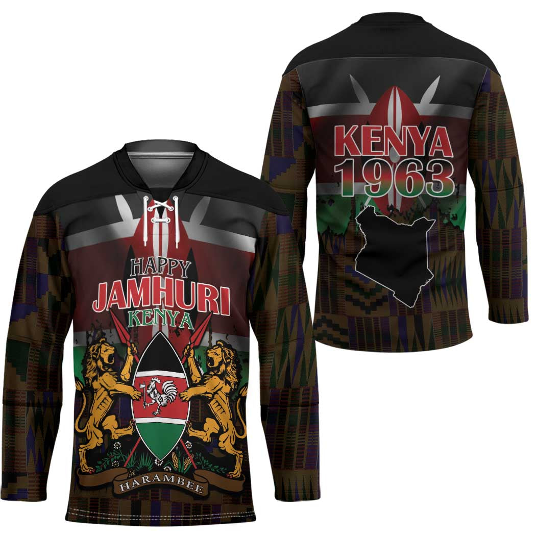 Happy Kenya Independence Day Hockey Jersey Coat Of Arms With Kente Pattern - Wonder Print Shop