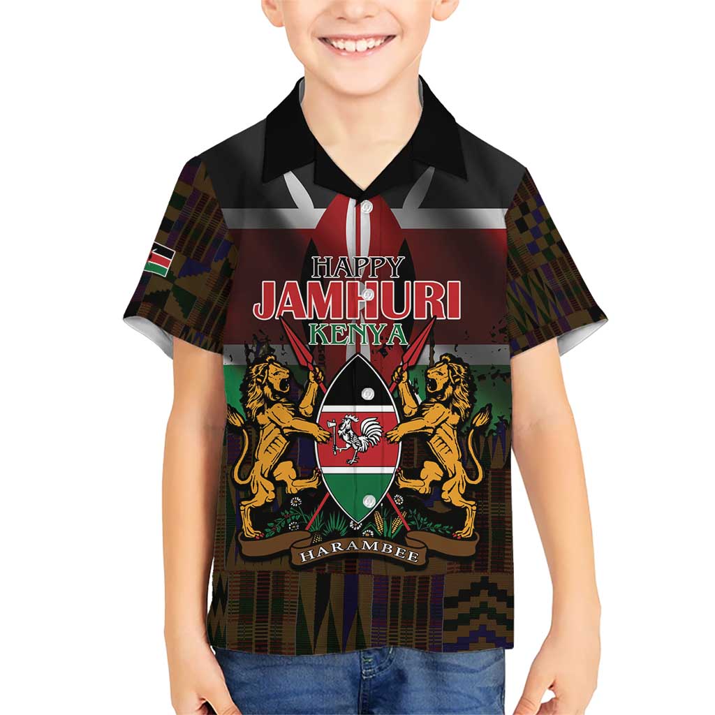 Happy Kenya Independence Day Kid Hawaiian Shirt Coat Of Arms With Kente Pattern - Wonder Print Shop