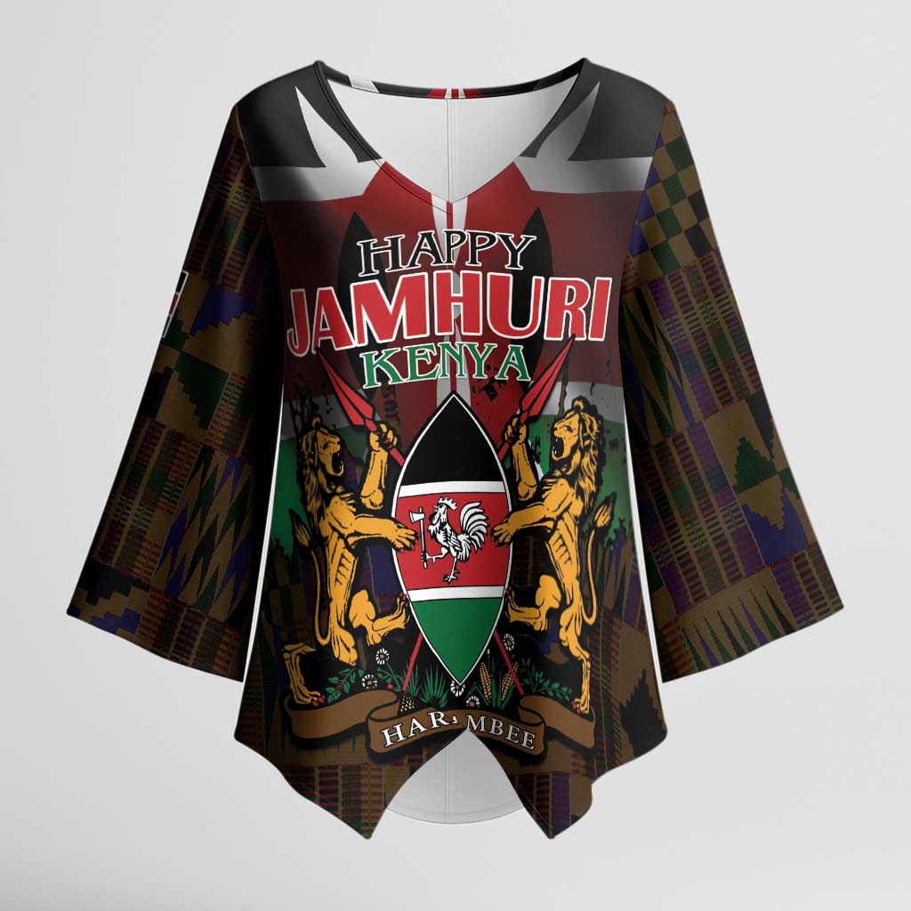 Happy Kenya Independence Day Kimono Sleeve Blouse Coat Of Arms With Kente Pattern - Wonder Print Shop