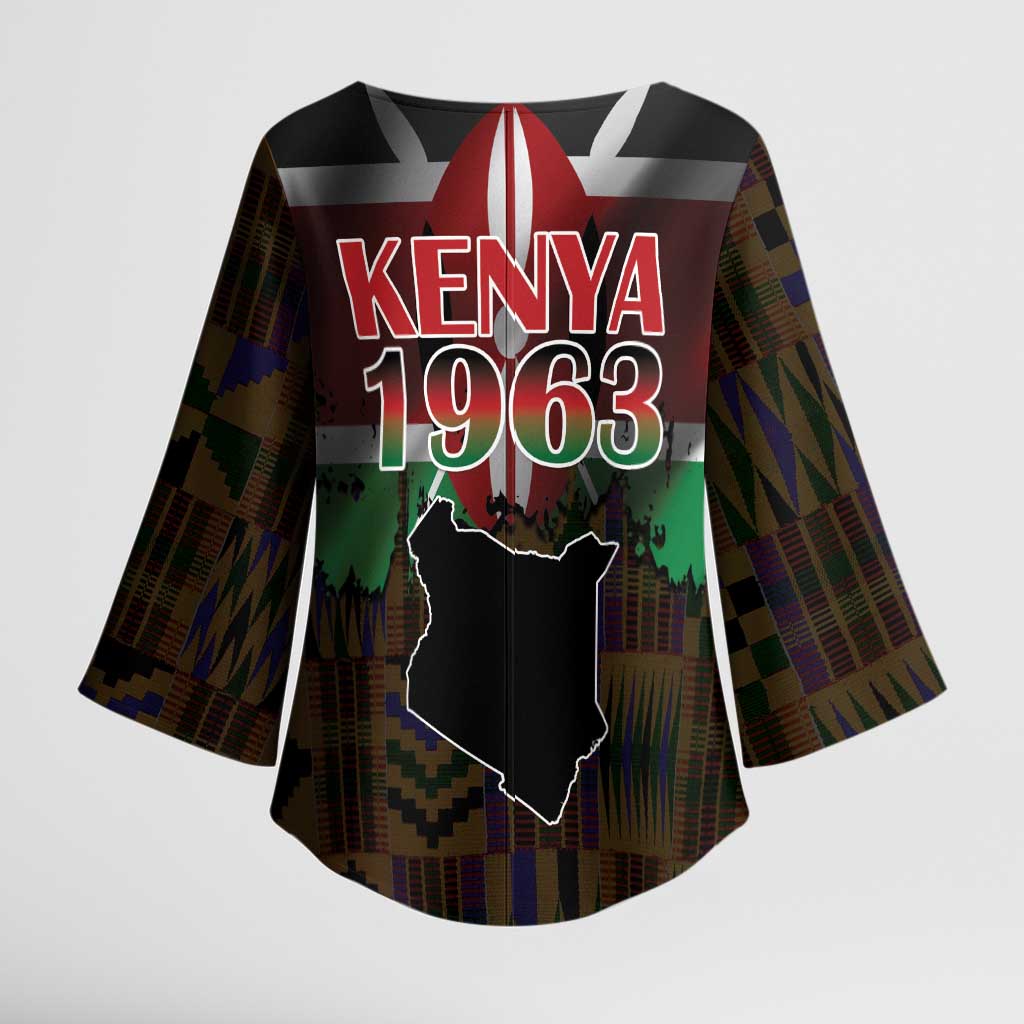 Happy Kenya Independence Day Kimono Sleeve Blouse Coat Of Arms With Kente Pattern - Wonder Print Shop