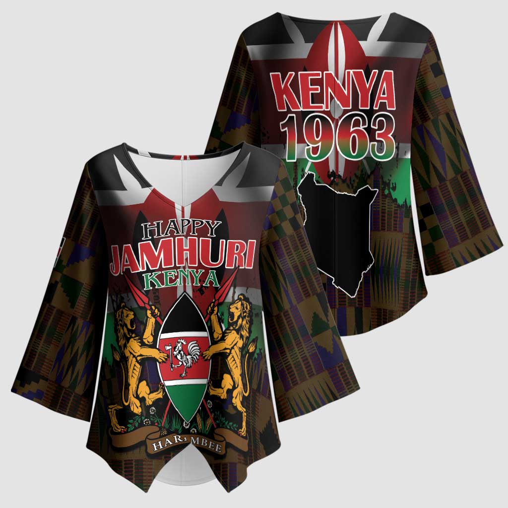Happy Kenya Independence Day Kimono Sleeve Blouse Coat Of Arms With Kente Pattern - Wonder Print Shop