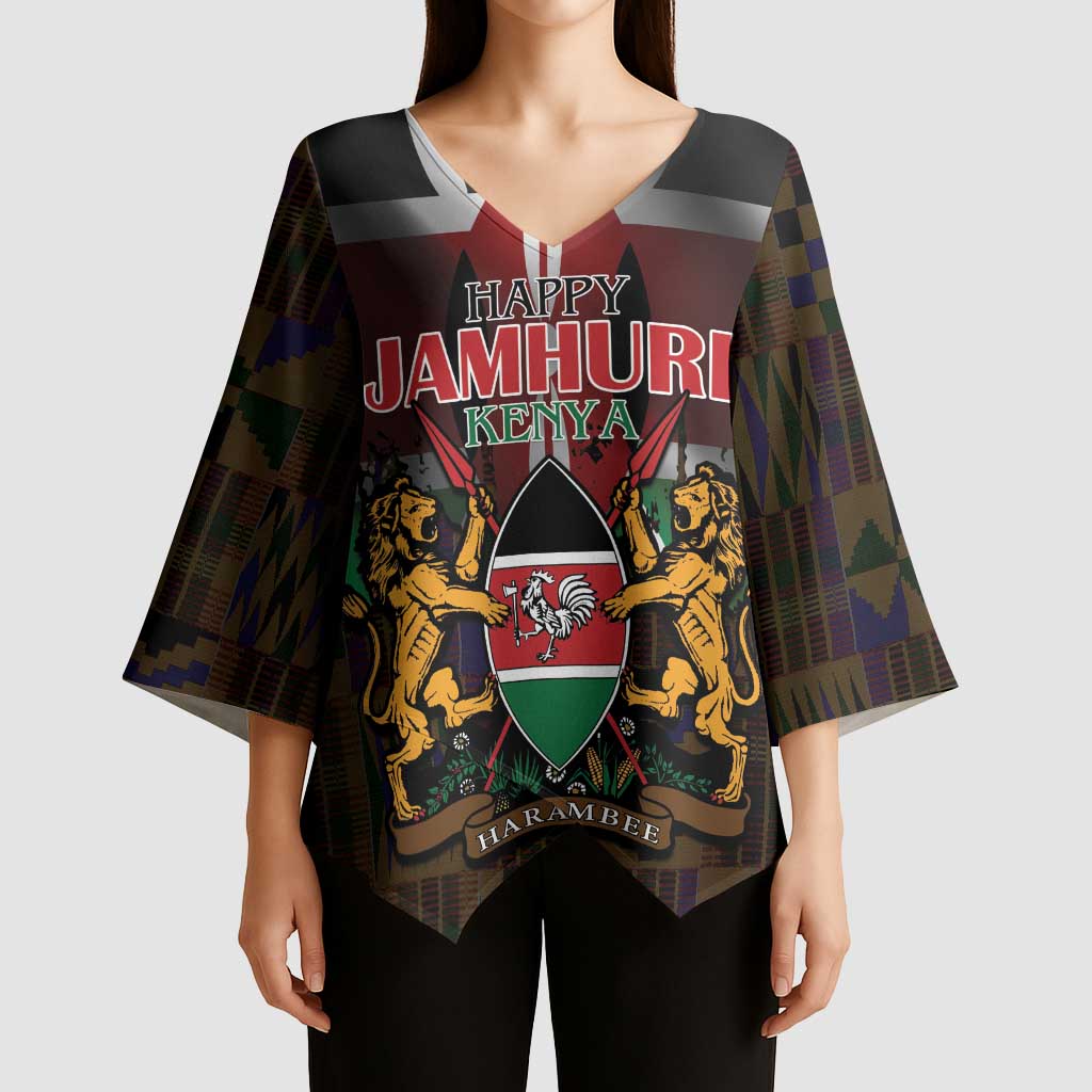 Happy Kenya Independence Day Kimono Sleeve Blouse Coat Of Arms With Kente Pattern - Wonder Print Shop