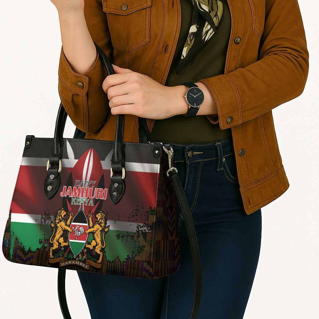 Happy Kenya Independence Day Leather Bag Coat Of Arms With Kente Pattern - Wonder Print Shop