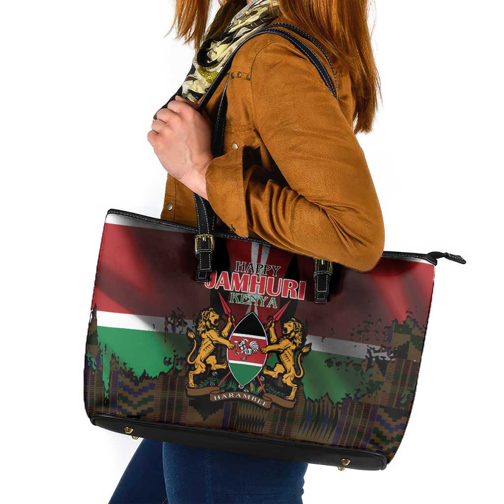 Happy Kenya Independence Day Leather Tote Bag Coat Of Arms With Kente Pattern - Wonder Print Shop