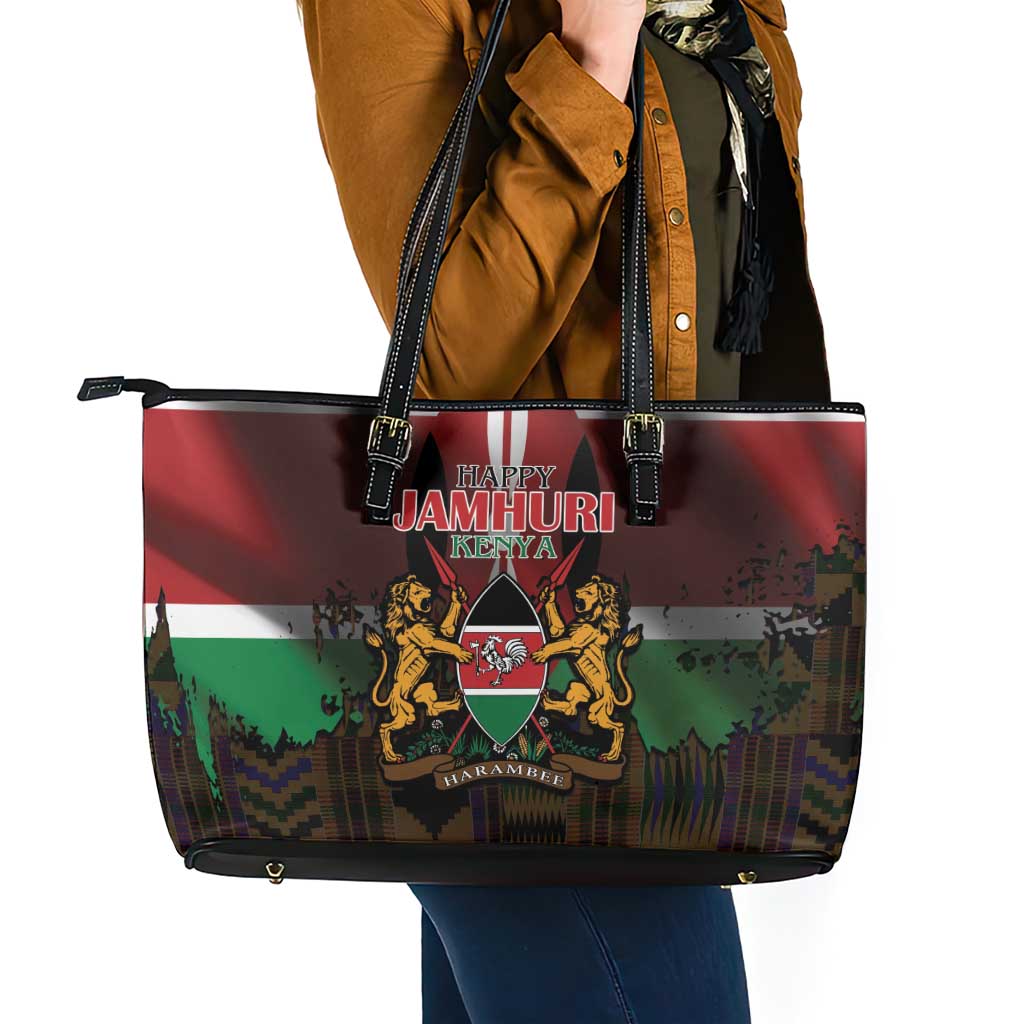 Happy Kenya Independence Day Leather Tote Bag Coat Of Arms With Kente Pattern - Wonder Print Shop