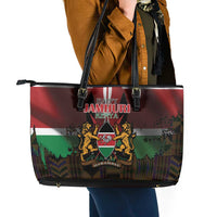 Happy Kenya Independence Day Leather Tote Bag Coat Of Arms With Kente Pattern - Wonder Print Shop