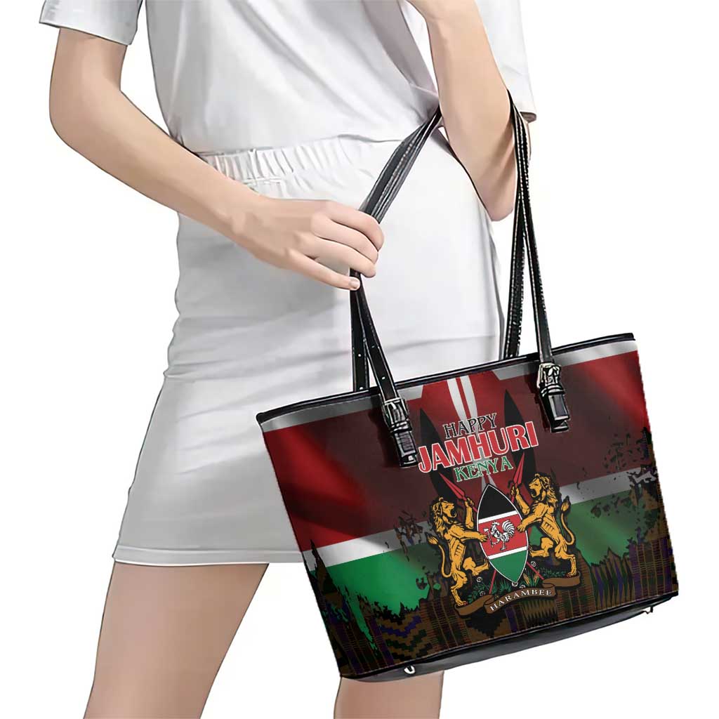 Happy Kenya Independence Day Leather Tote Bag Coat Of Arms With Kente Pattern - Wonder Print Shop