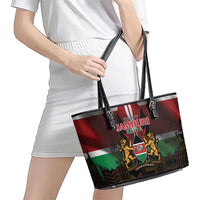 Happy Kenya Independence Day Leather Tote Bag Coat Of Arms With Kente Pattern - Wonder Print Shop