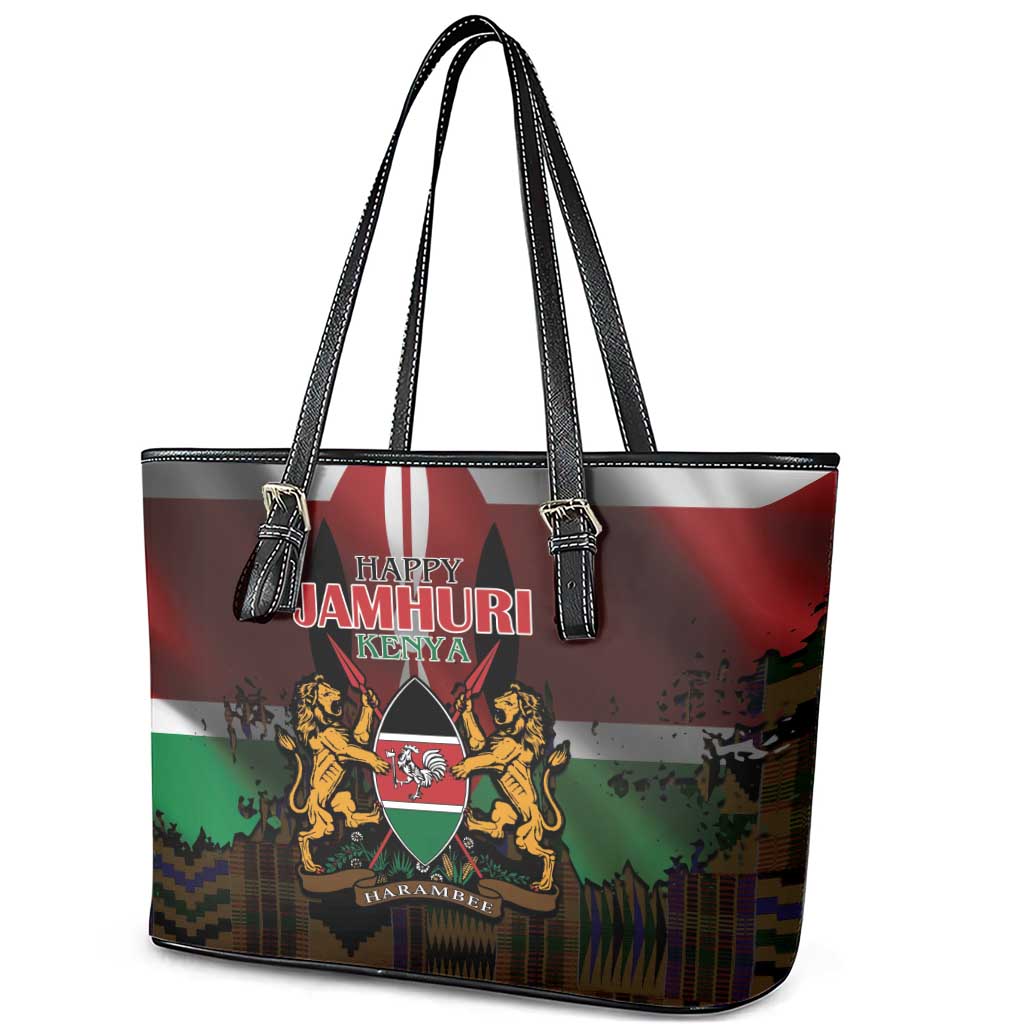 Happy Kenya Independence Day Leather Tote Bag Coat Of Arms With Kente Pattern - Wonder Print Shop