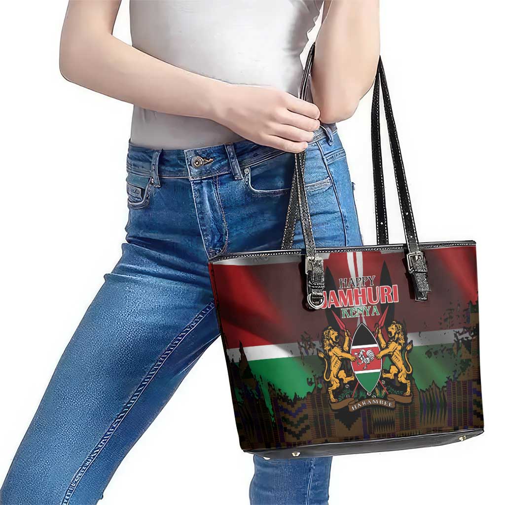 Happy Kenya Independence Day Leather Tote Bag Coat Of Arms With Kente Pattern - Wonder Print Shop