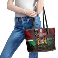 Happy Kenya Independence Day Leather Tote Bag Coat Of Arms With Kente Pattern - Wonder Print Shop
