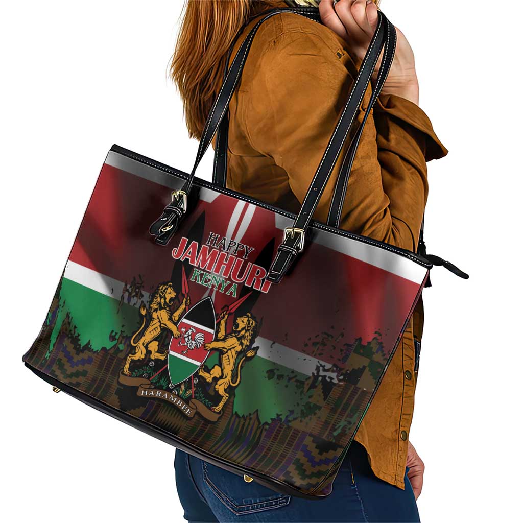Happy Kenya Independence Day Leather Tote Bag Coat Of Arms With Kente Pattern - Wonder Print Shop
