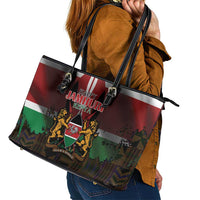 Happy Kenya Independence Day Leather Tote Bag Coat Of Arms With Kente Pattern - Wonder Print Shop