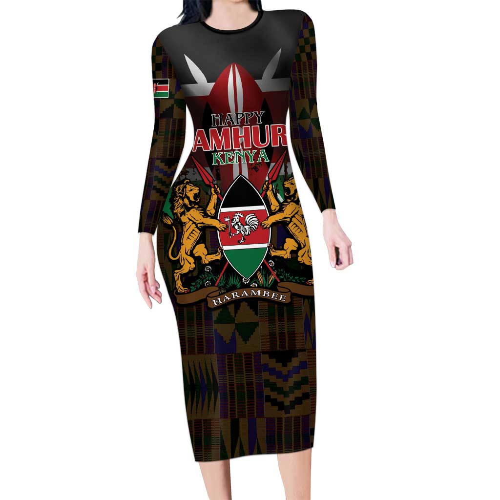 Happy Kenya Independence Day Long Sleeve Bodycon Dress Coat Of Arms With Kente Pattern - Wonder Print Shop