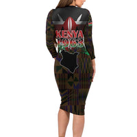 Happy Kenya Independence Day Long Sleeve Bodycon Dress Coat Of Arms With Kente Pattern - Wonder Print Shop