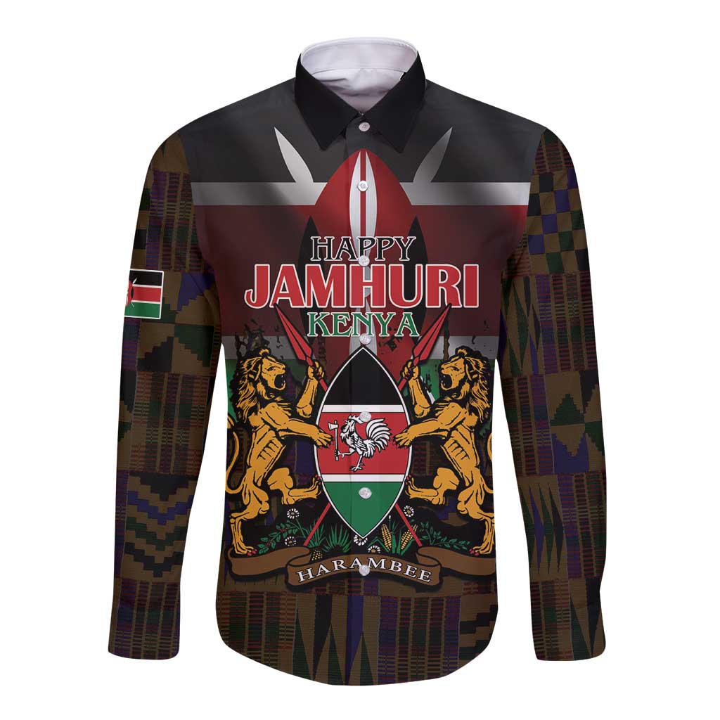 Happy Kenya Independence Day Long Sleeve Button Shirt Coat Of Arms With Kente Pattern - Wonder Print Shop