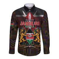 Happy Kenya Independence Day Long Sleeve Button Shirt Coat Of Arms With Kente Pattern - Wonder Print Shop