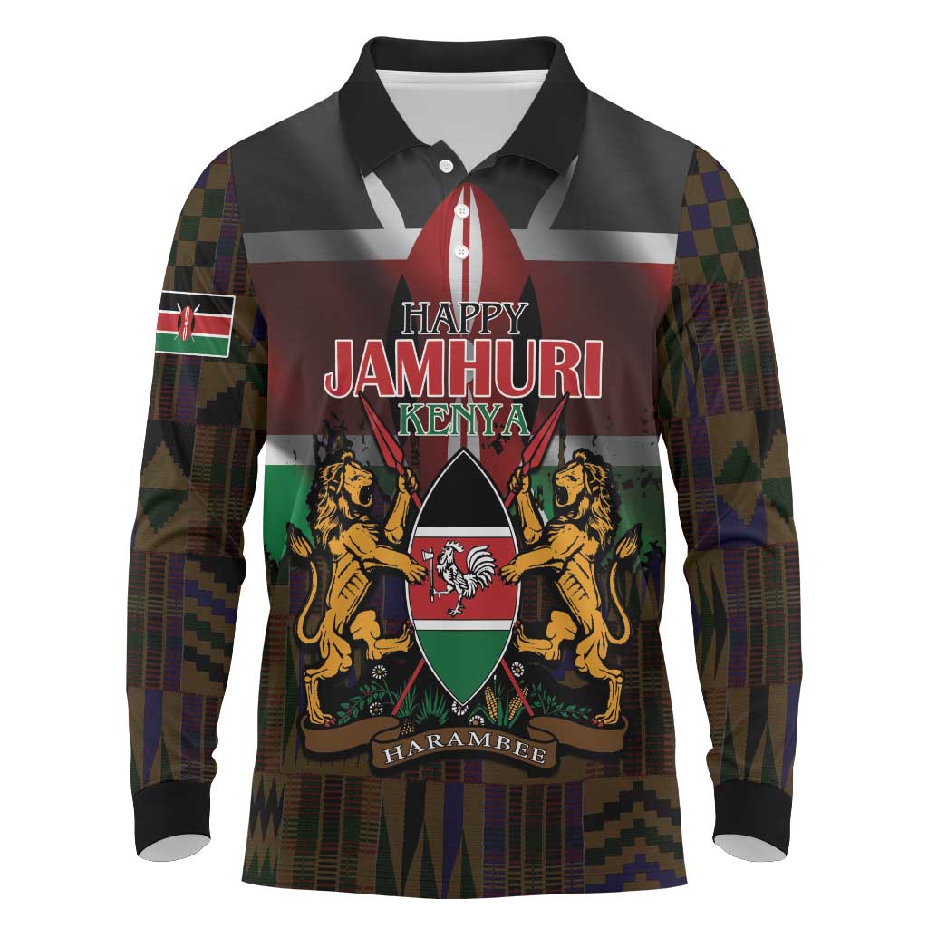 Happy Kenya Independence Day Long Sleeve Polo Shirt Coat Of Arms With Kente Pattern - Wonder Print Shop