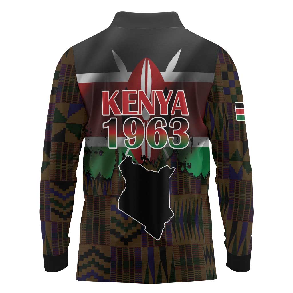 Happy Kenya Independence Day Long Sleeve Polo Shirt Coat Of Arms With Kente Pattern - Wonder Print Shop