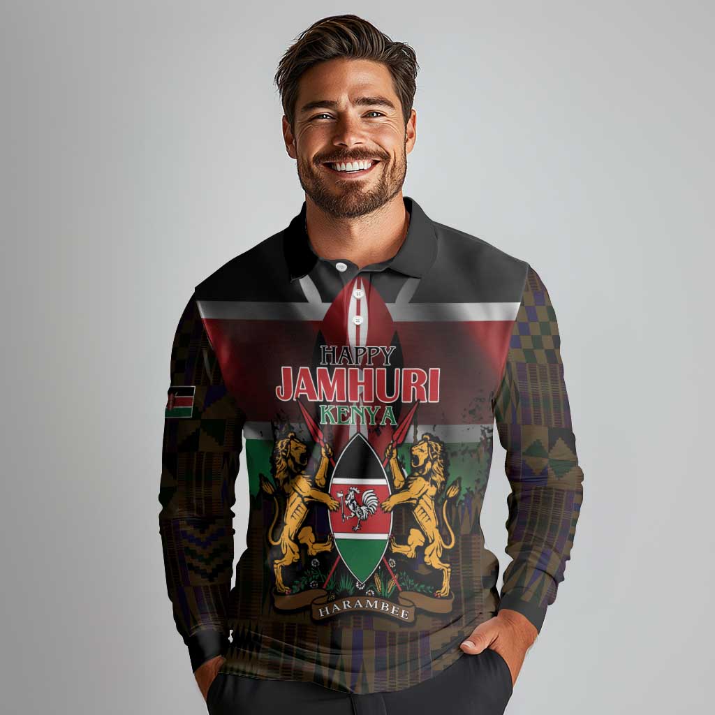 Happy Kenya Independence Day Long Sleeve Polo Shirt Coat Of Arms With Kente Pattern - Wonder Print Shop