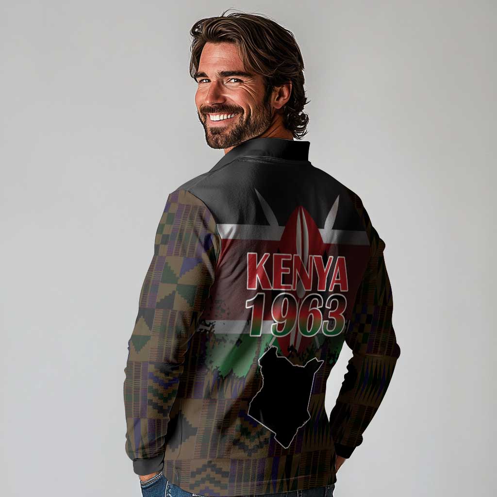 Happy Kenya Independence Day Long Sleeve Polo Shirt Coat Of Arms With Kente Pattern - Wonder Print Shop