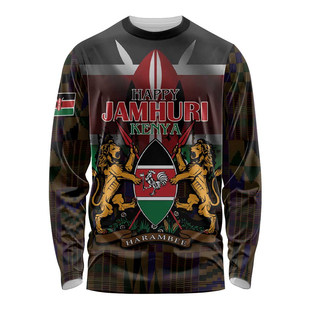 Happy Kenya Independence Day Long Sleeve Shirt Coat Of Arms With Kente Pattern - Wonder Print Shop