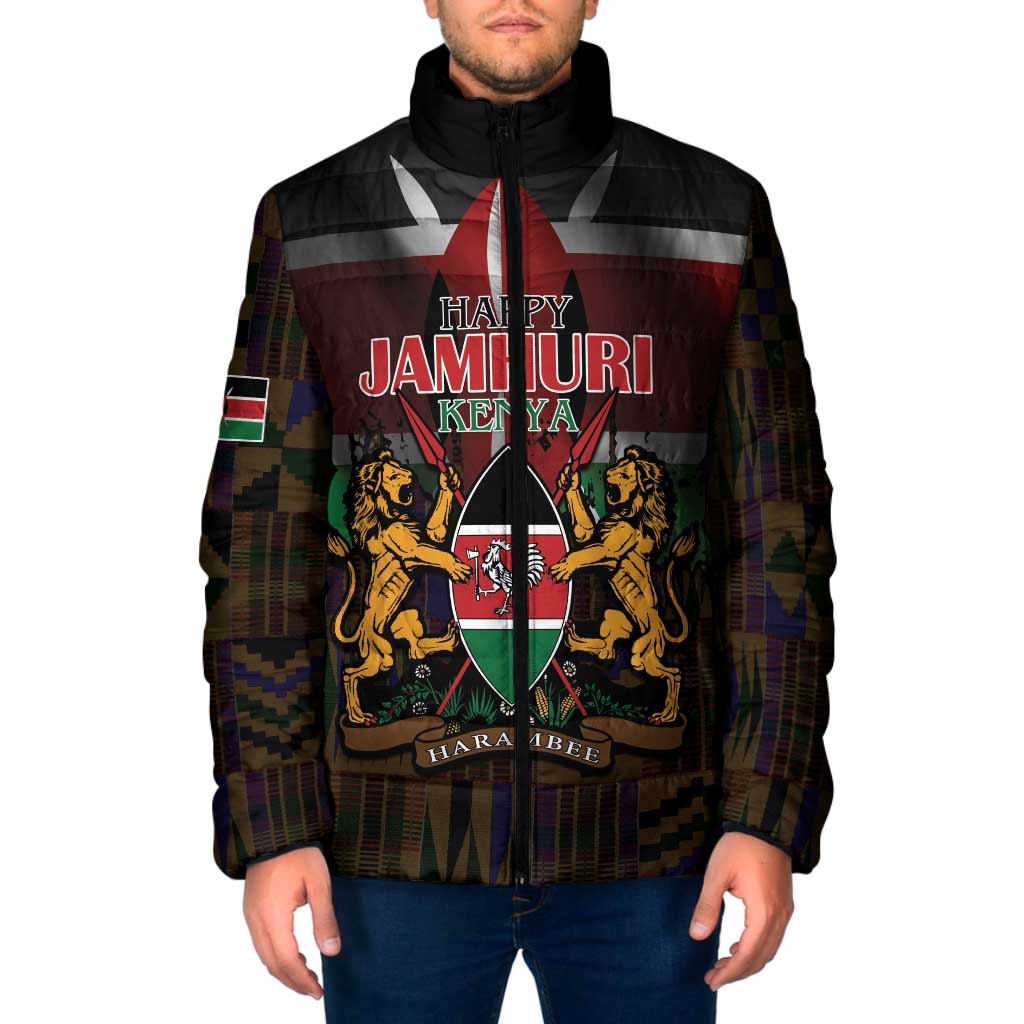 Happy Kenya Independence Day Padded Jacket Coat Of Arms With Kente Pattern - Wonder Print Shop