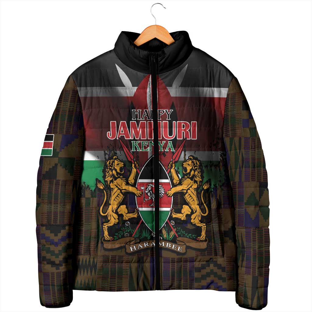 Happy Kenya Independence Day Padded Jacket Coat Of Arms With Kente Pattern - Wonder Print Shop
