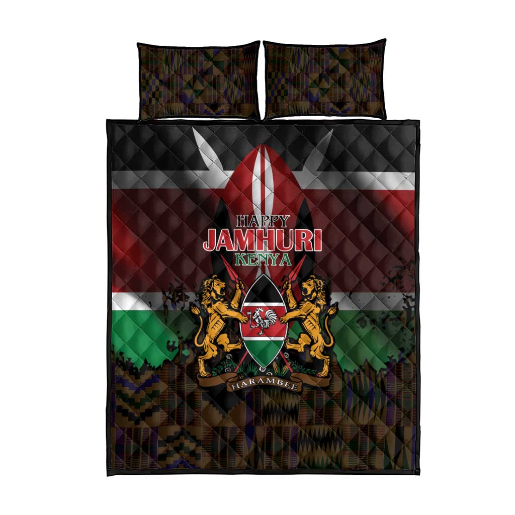 Happy Kenya Independence Day Quilt Bed Set Coat Of Arms With Kente Pattern - Wonder Print Shop