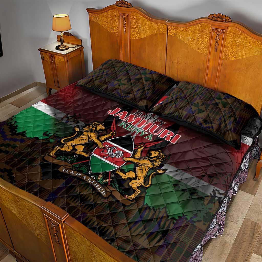 Happy Kenya Independence Day Quilt Bed Set Coat Of Arms With Kente Pattern - Wonder Print Shop